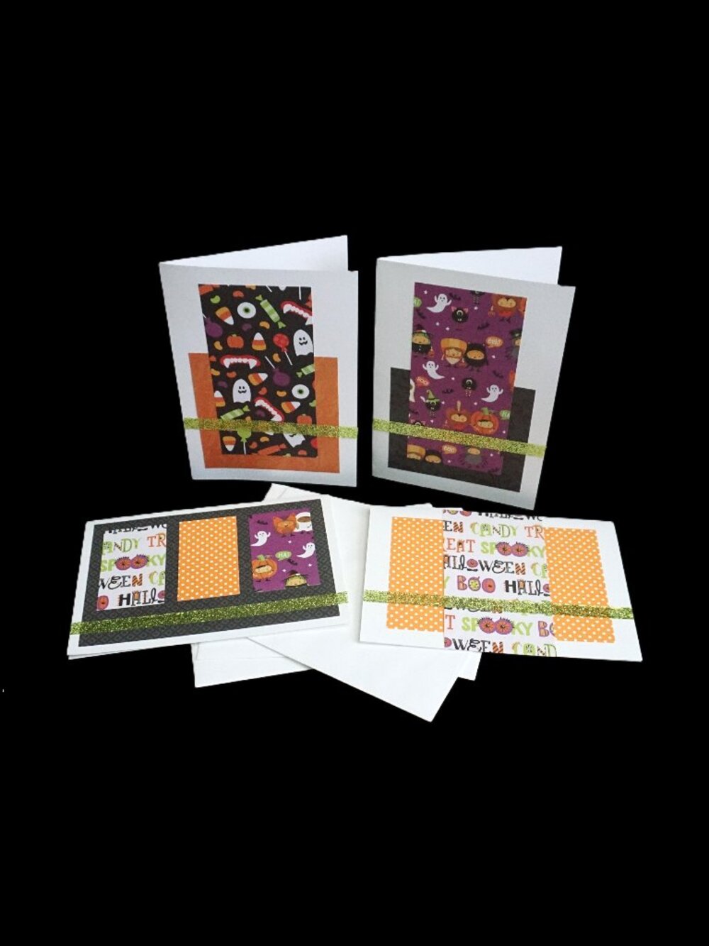 4 Halloween Handmade Greeting Cards 5x7 White Trick or Treat Glitter Ribbon